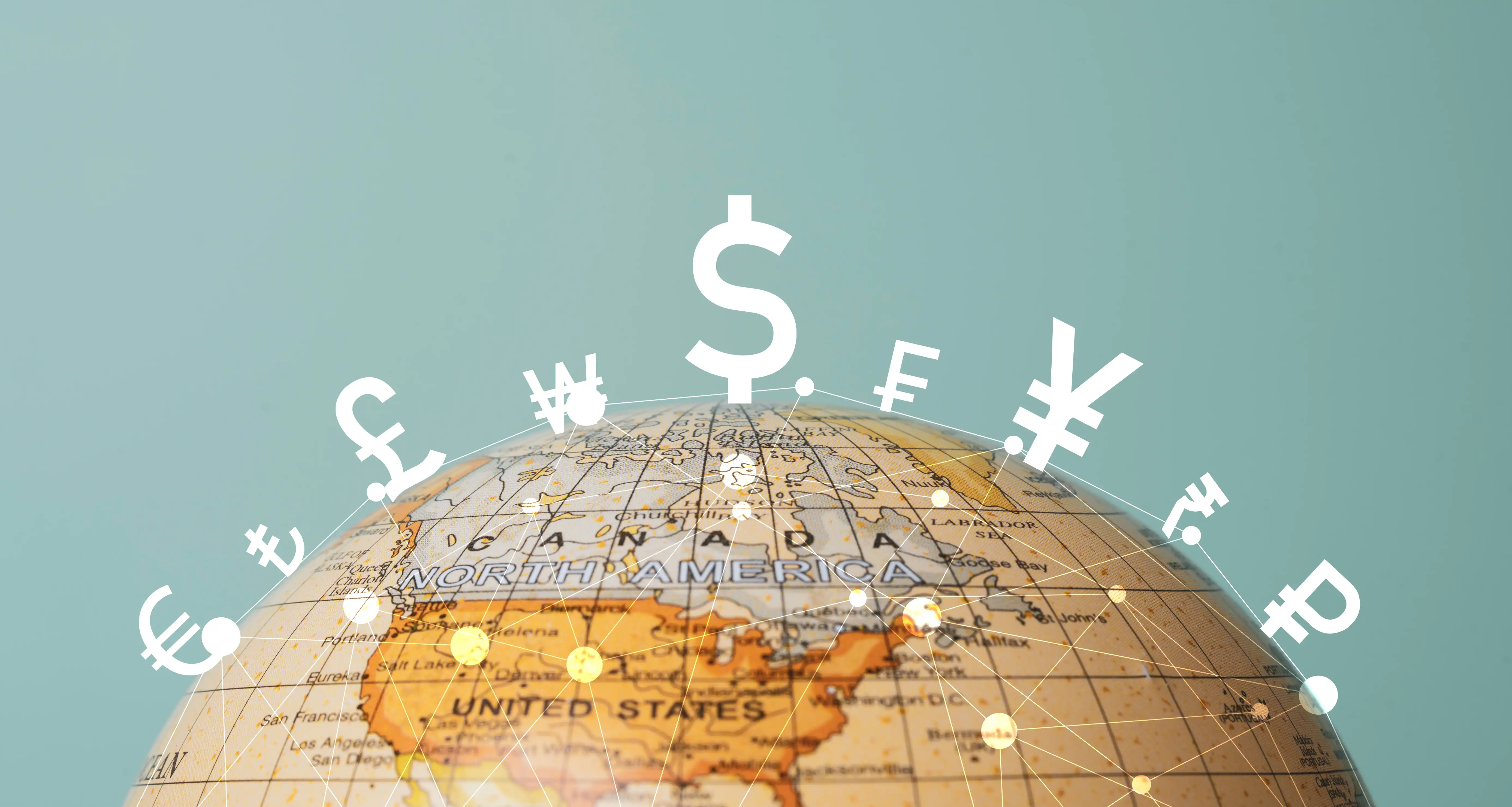 Globe with international currency symbols